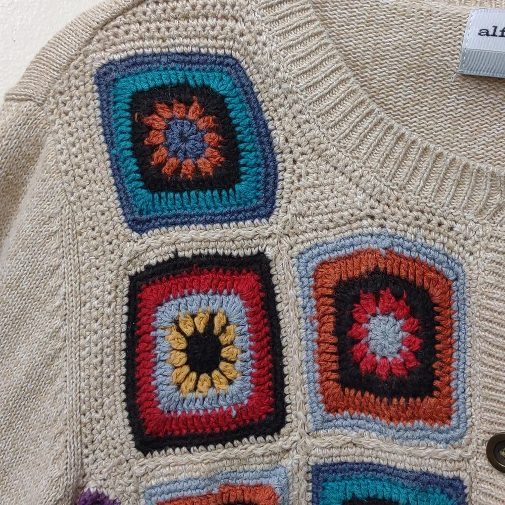 Alfred Dunner Vintage Crochet Granny Square Beige Ramie Cotton Knit Cardigan PXL - Picture 6 of 16